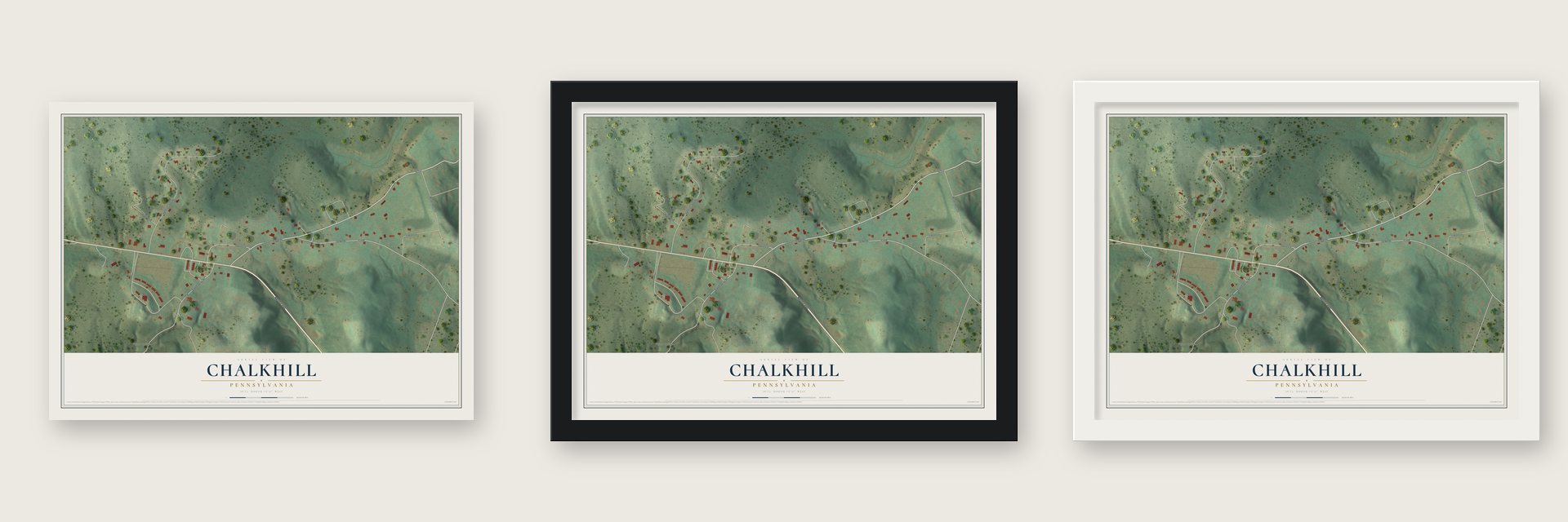 Chalkhill, Pennsylvania map unframed, in a black wood frame and in a white wood frame