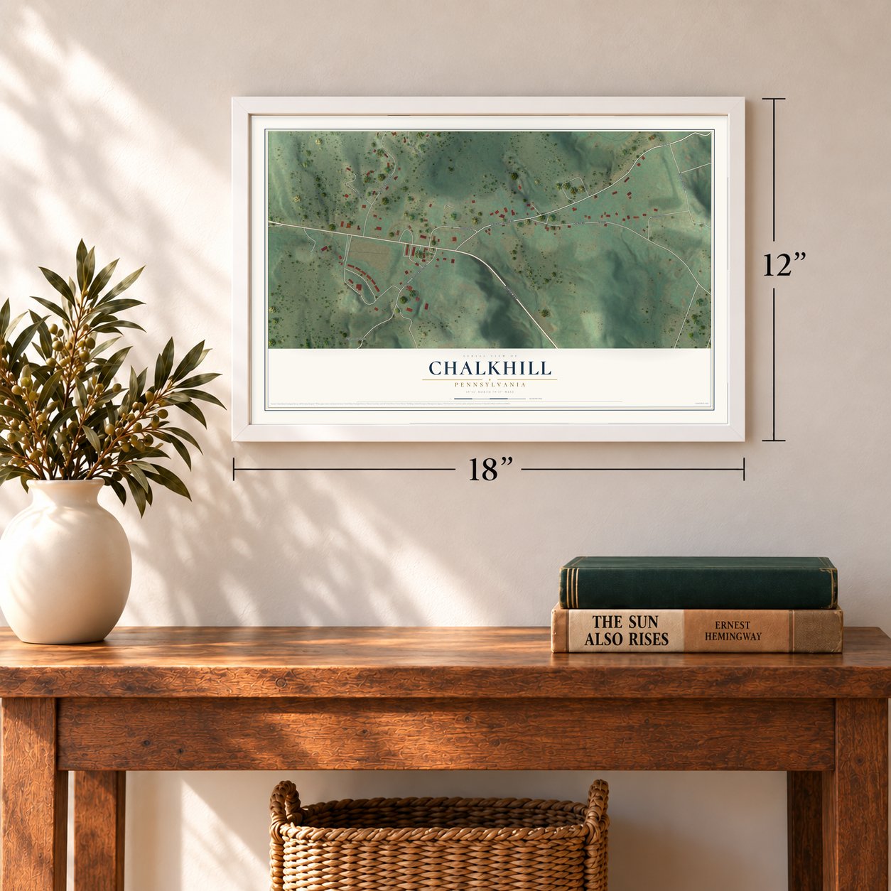Chalkhill, Pennsylvania map, 12 x 18 inch print in a white frame in an entryway