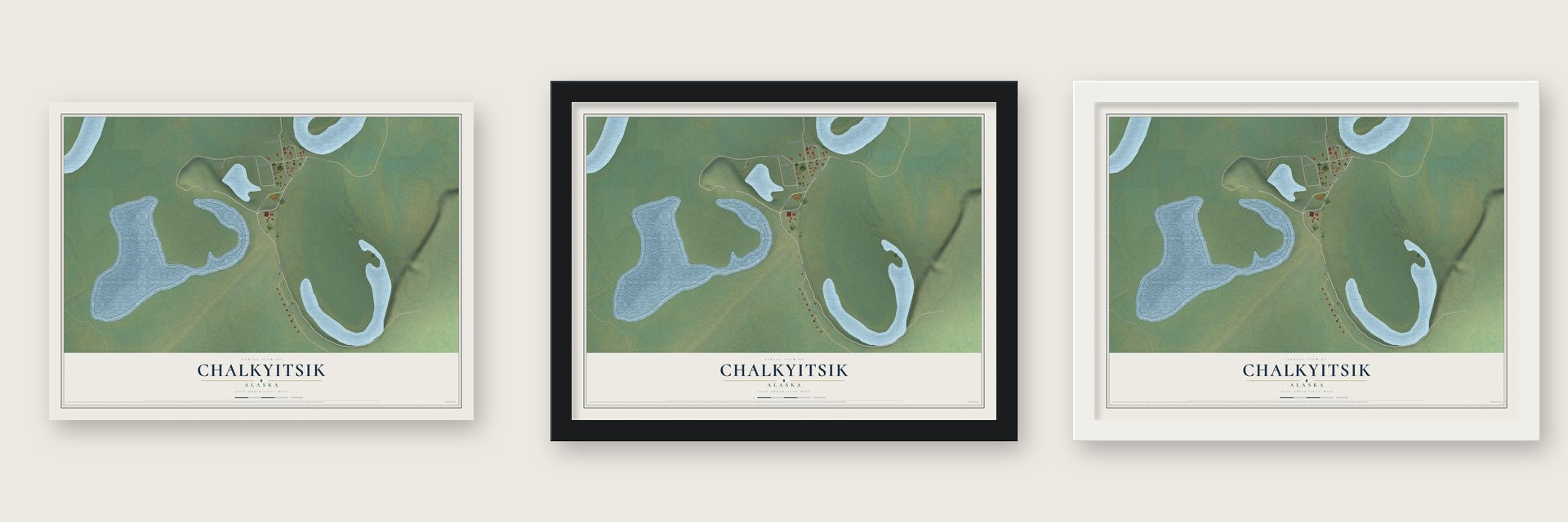 Chalkyitsik, Alaska map unframed, in a black wood frame and in a white wood frame