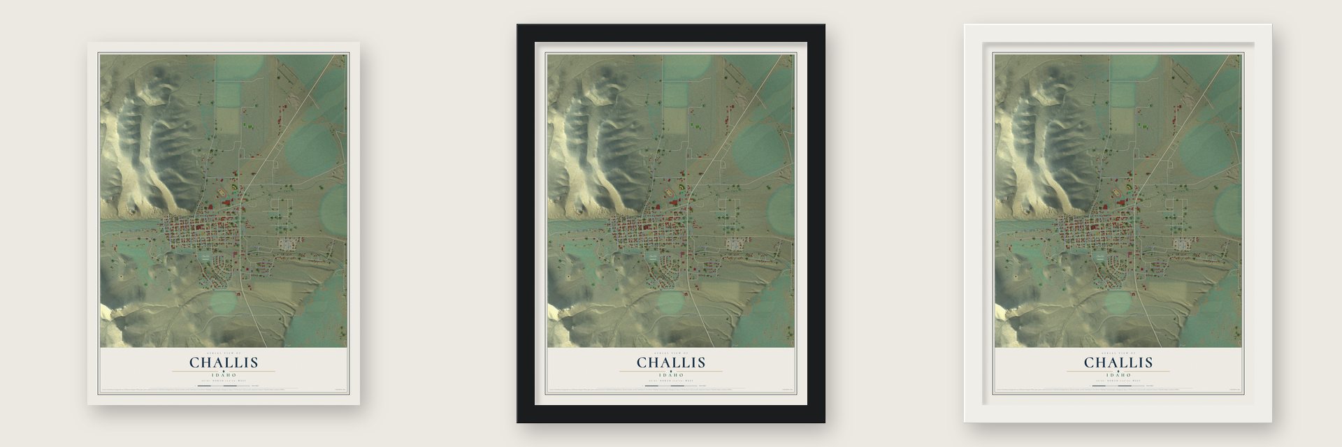 Challis, Idaho map unframed, in a black wood frame and in a white wood frame