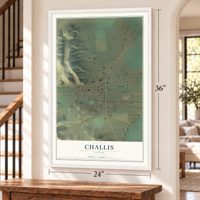 Challis, Idaho map, 24 x 36 inch print in a white frame by a staircase
