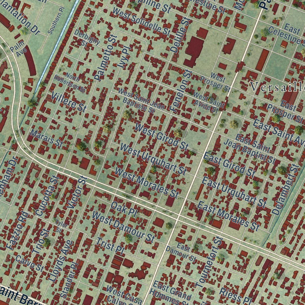 Second close-up of the map of Chalmette, Louisiana print showing more streets and buildings