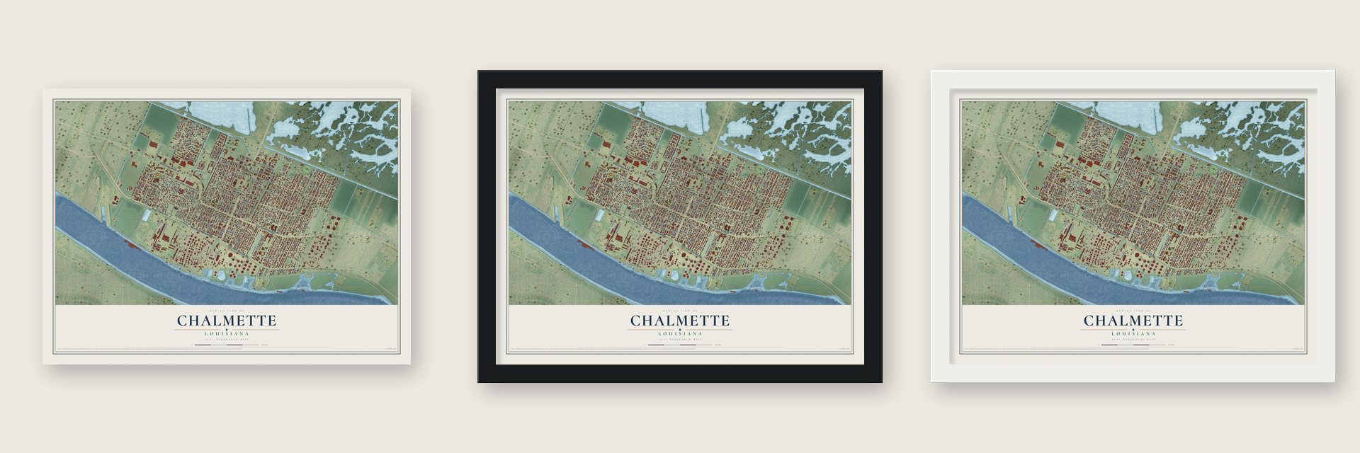 Chalmette, Louisiana map unframed, in a black wood frame and in a white wood frame