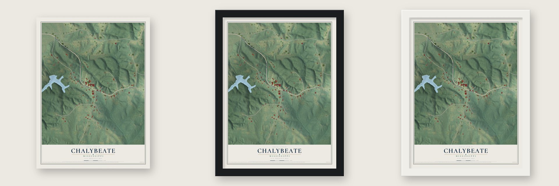Chalybeate, Mississippi map unframed, in a black wood frame and in a white wood frame