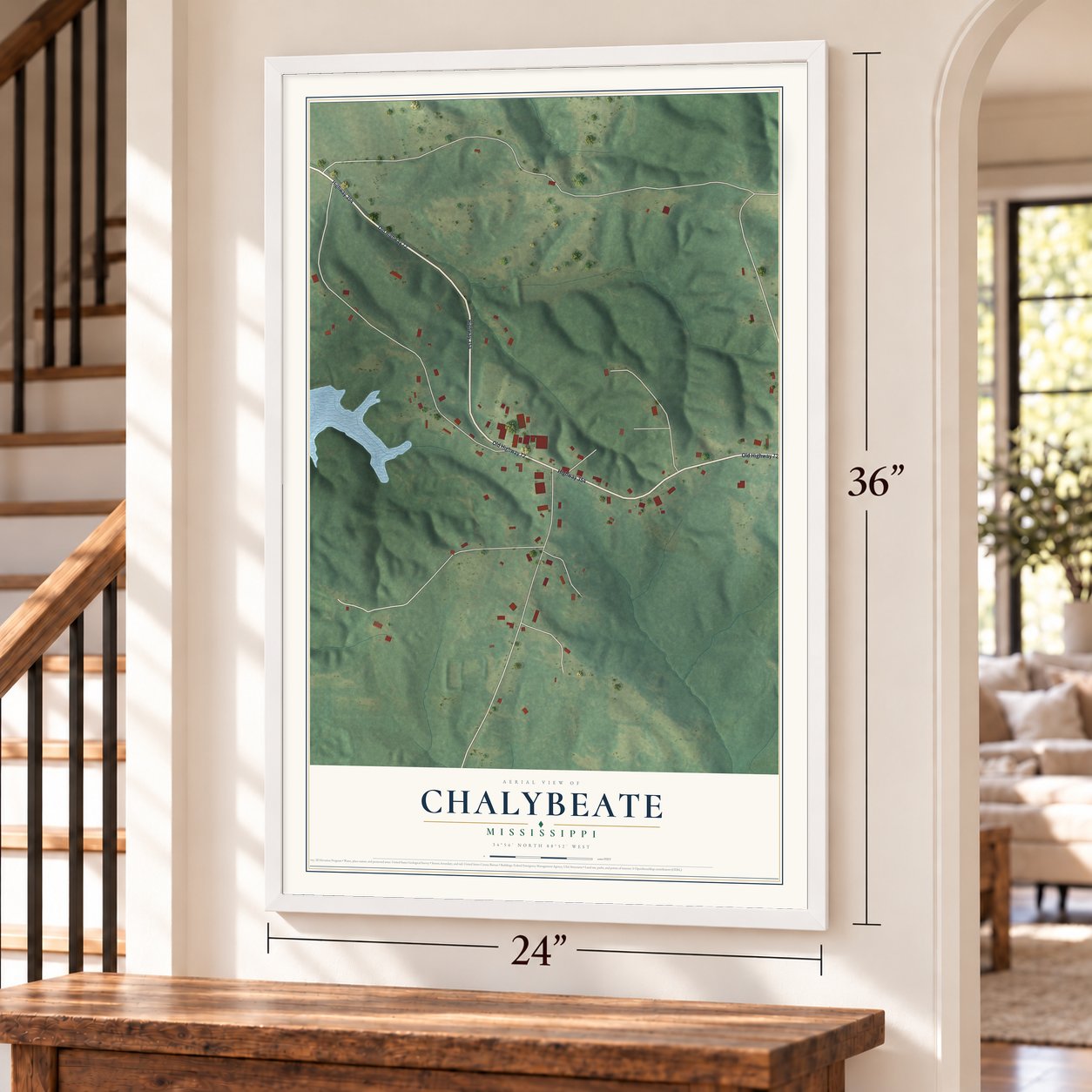 Chalybeate, Mississippi map, 24 x 36 inch print in a white frame by a staircase