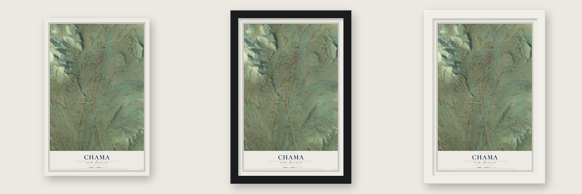 Chama, New Mexico map unframed, in a black wood frame and in a white wood frame