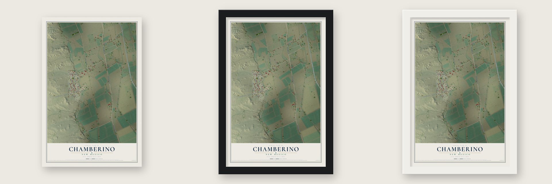 Chamberino, New Mexico map unframed, in a black wood frame and in a white wood frame