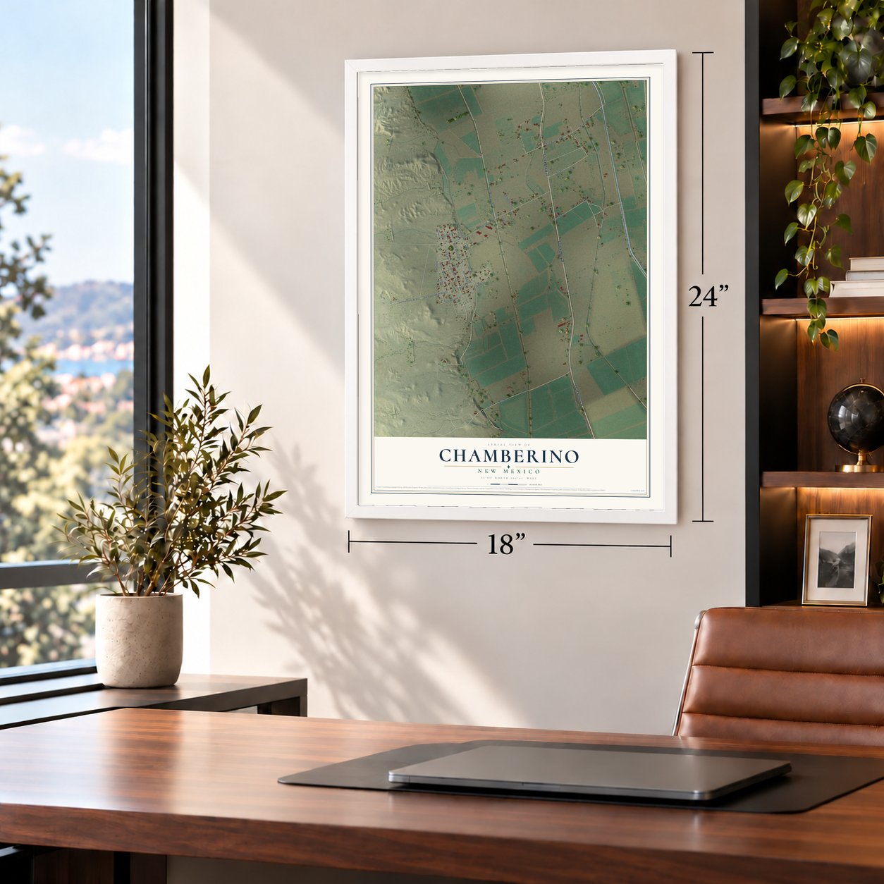 Chamberino, New Mexico map, 18 x 24 inch print in a white frame in a home office