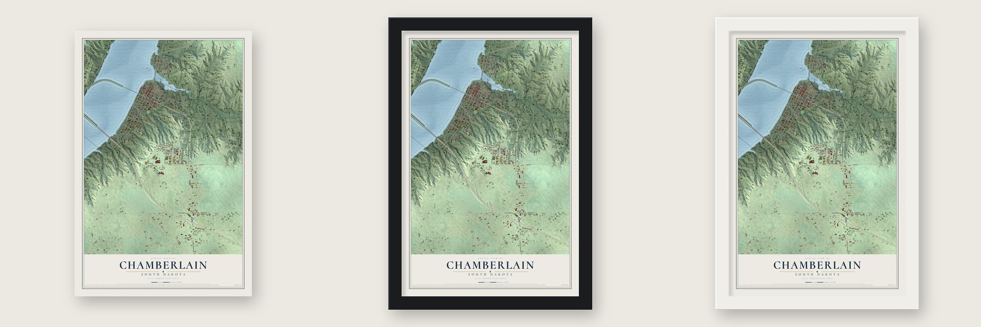 Chamberlain, South Dakota map unframed, in a black wood frame and in a white wood frame