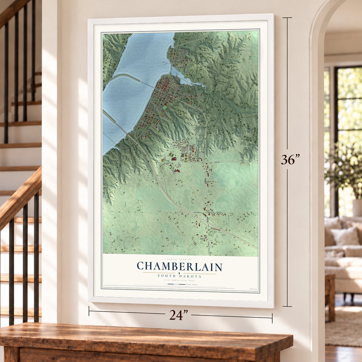 Chamberlain, South Dakota map, 24 x 36 inch print in a white frame by a staircase