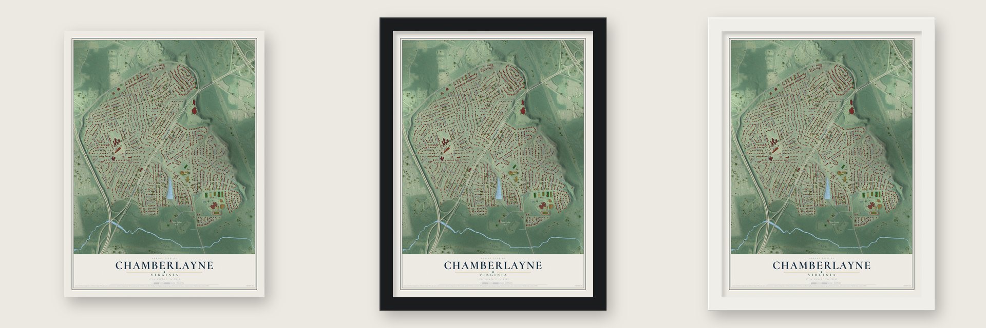 Chamberlayne, Virginia map unframed, in a black wood frame and in a white wood frame