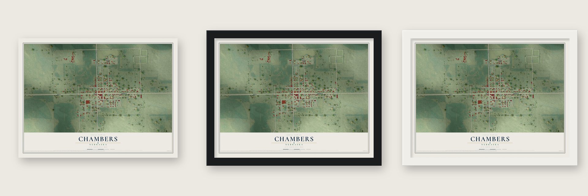 Chambers, Nebraska map unframed, in a black wood frame and in a white wood frame
