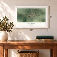 Chambers, Nebraska map, 12 x 18 inch print in a white frame in an entryway