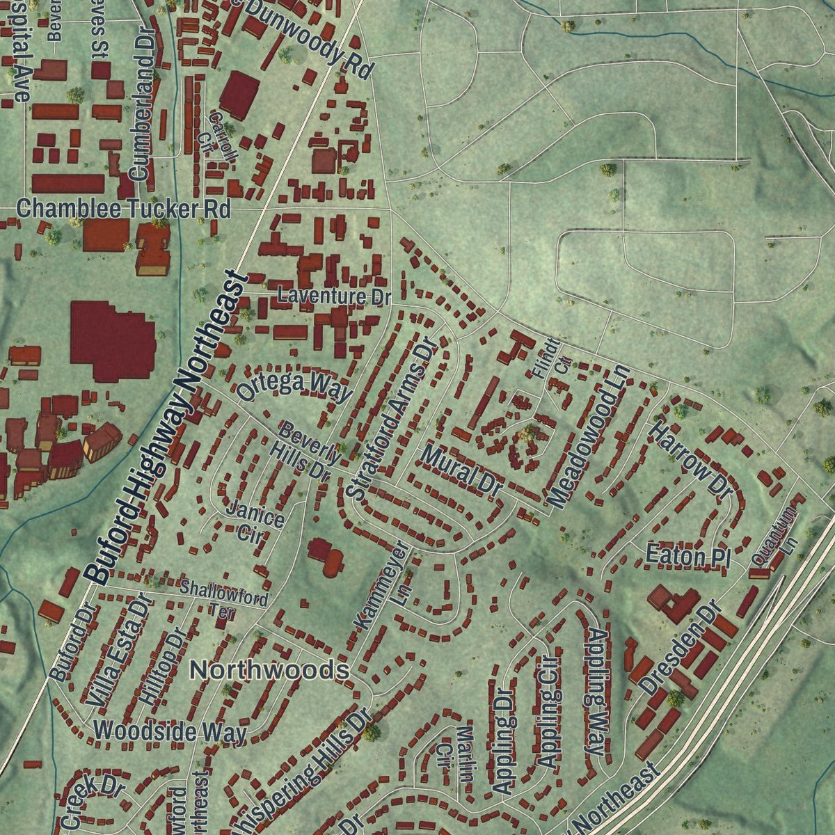 Second close-up of the map of Chamblee, Georgia print showing more streets and buildings
