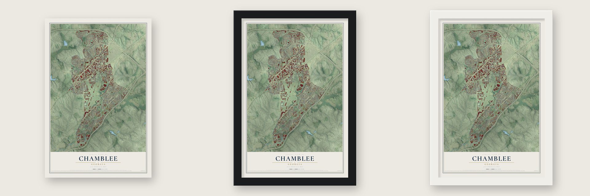 Chamblee, Georgia map unframed, in a black wood frame and in a white wood frame