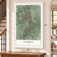 Chamblee, Georgia map, 24 x 36 inch print in a white frame by a staircase