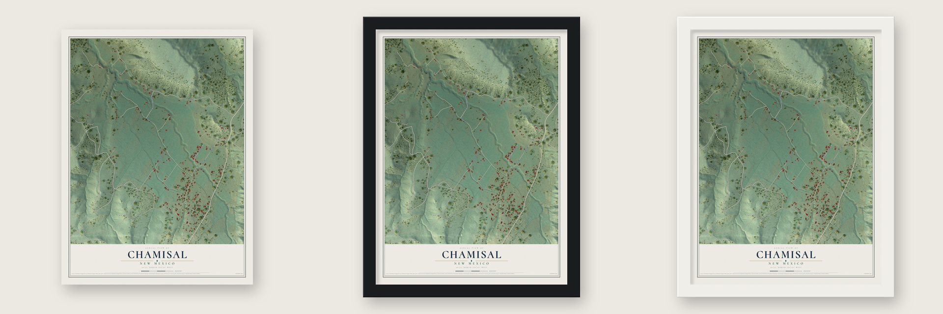 Chamisal, New Mexico map unframed, in a black wood frame and in a white wood frame