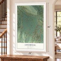 Chamisal, New Mexico map, 24 x 36 inch print in a white frame by a staircase