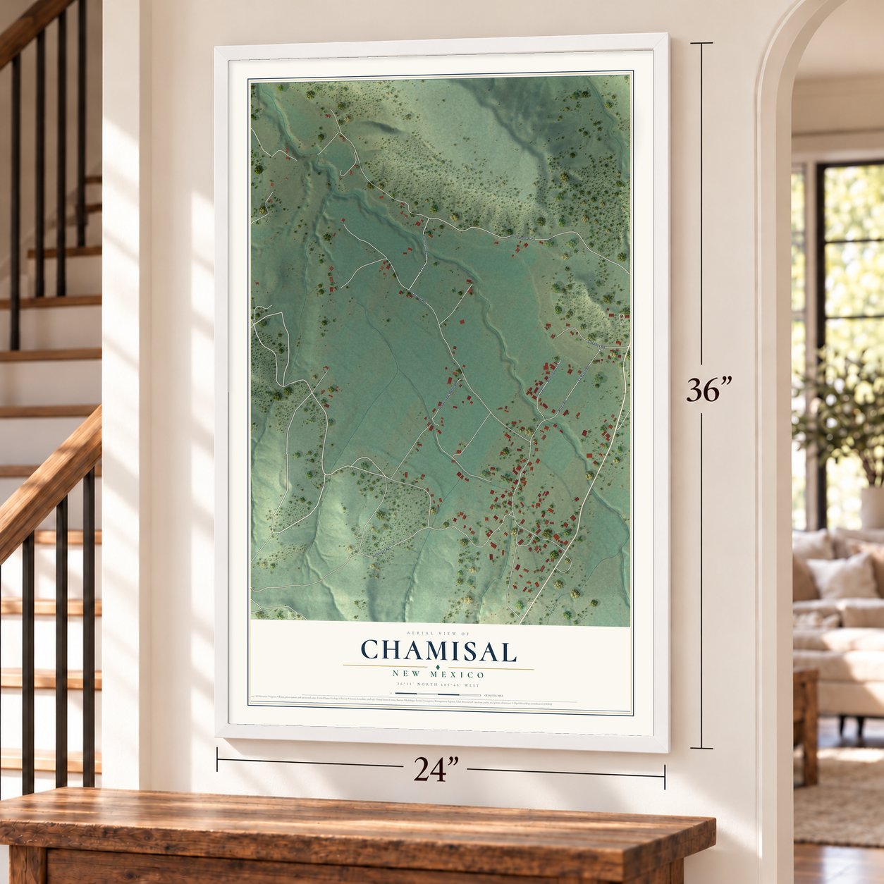 Chamisal, New Mexico map, 24 x 36 inch print in a white frame by a staircase