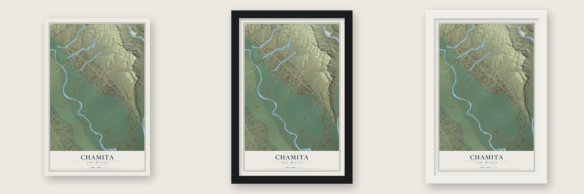 Chamita, New Mexico map unframed, in a black wood frame and in a white wood frame