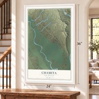 Chamita, New Mexico map, 24 x 36 inch print in a white frame by a staircase