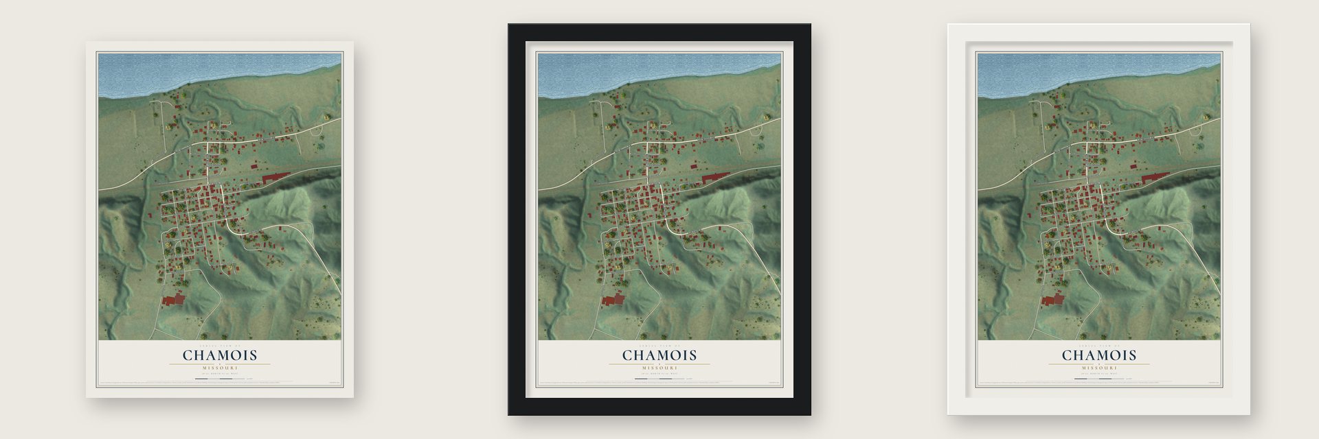 Chamois, Missouri map unframed, in a black wood frame and in a white wood frame
