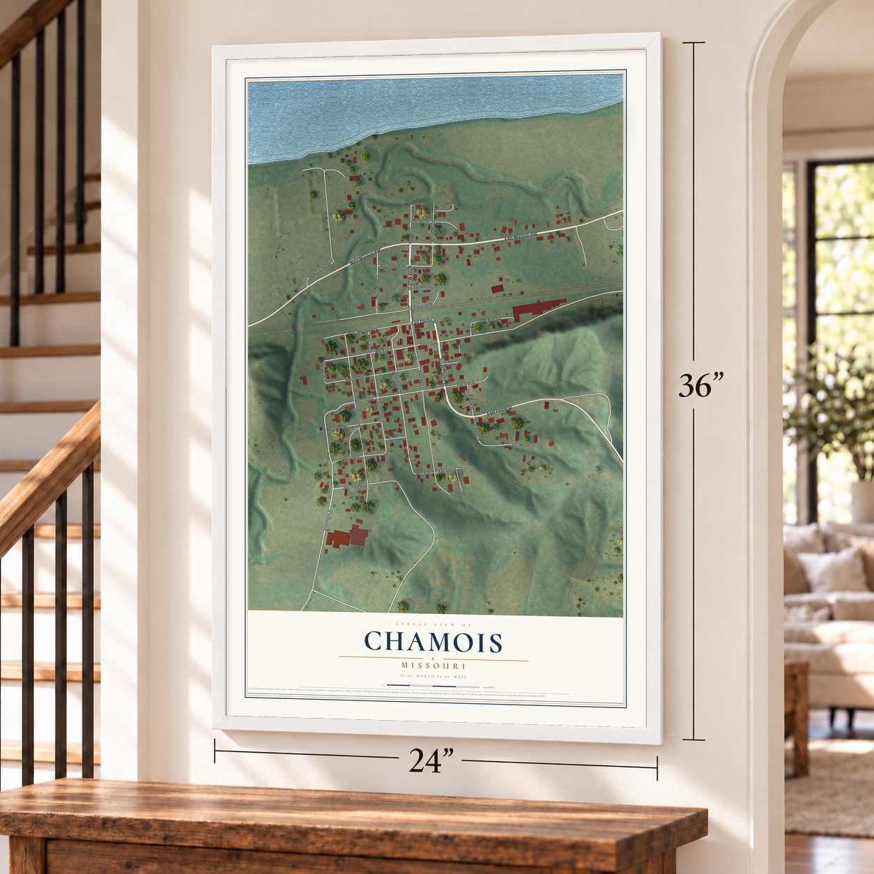 Chamois, Missouri map, 24 x 36 inch print in a white frame by a staircase