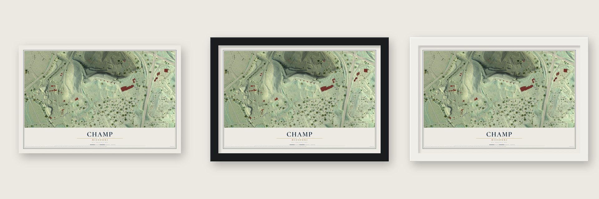 Champ, Missouri map unframed, in a black wood frame and in a white wood frame