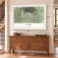 Champ, Missouri map, 24 x 36 inch print in a white frame above a dresser by a staircase