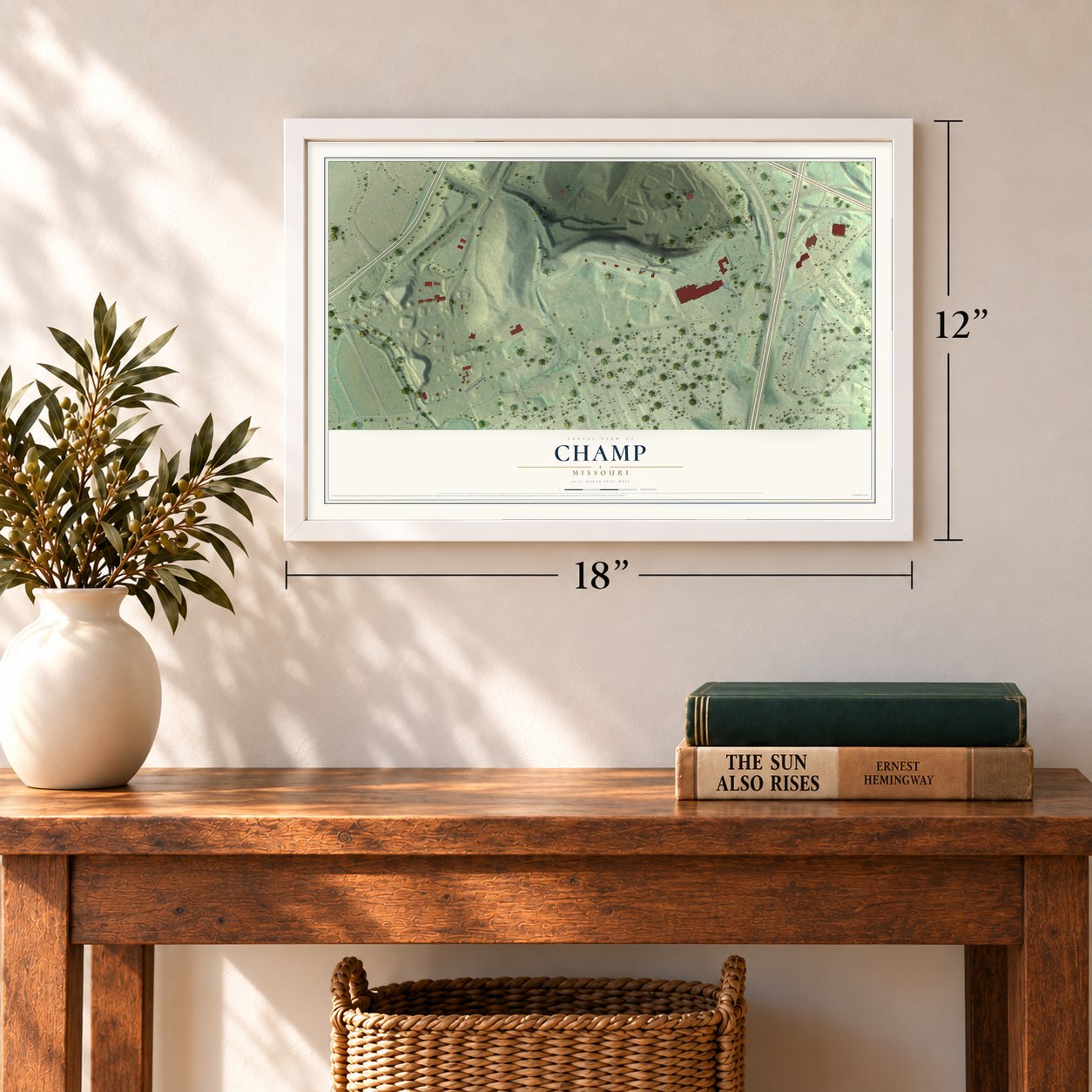 Champ, Missouri map, 12 x 18 inch print in a white frame in an entryway