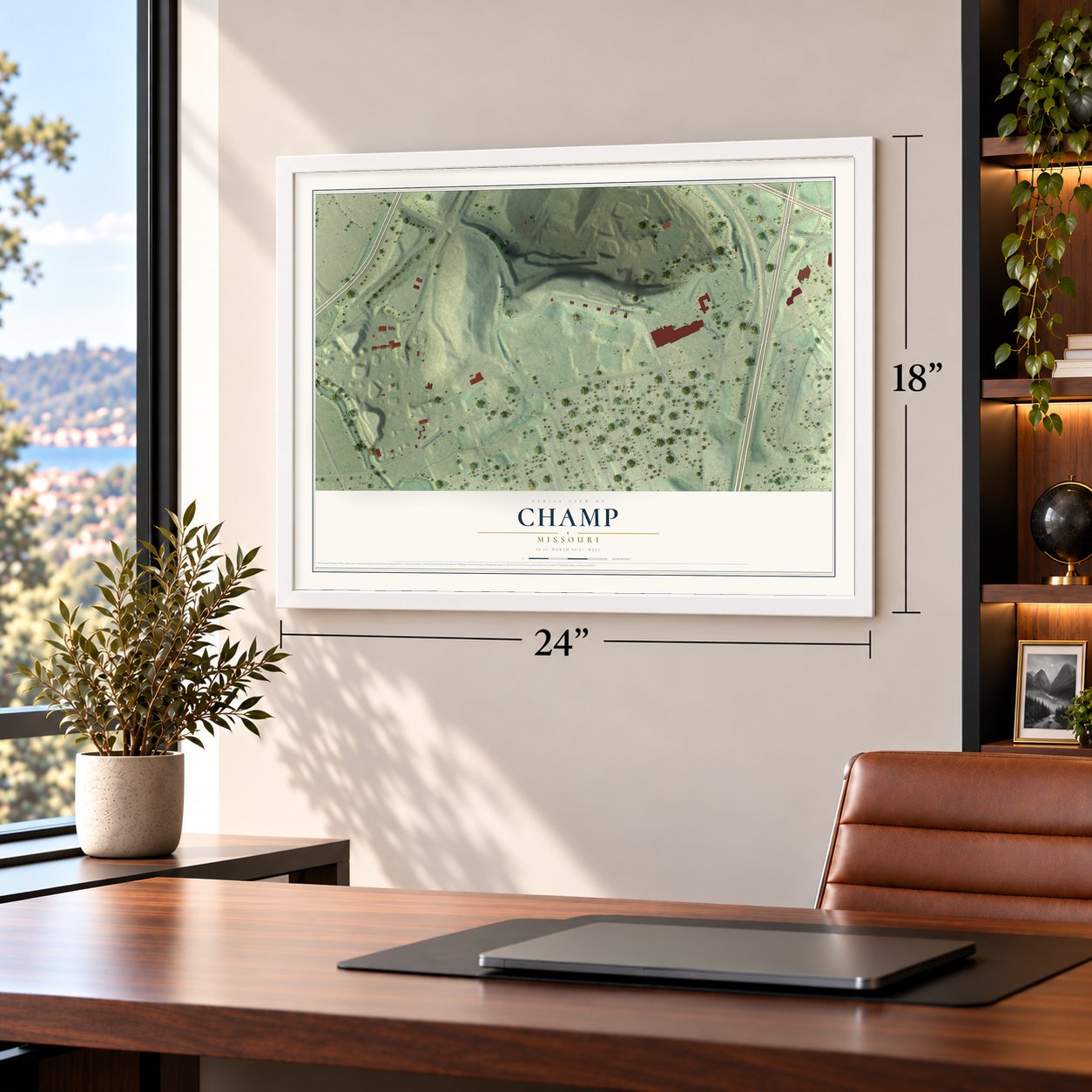 Champ, Missouri map, 18 x 24 inch print in a white frame in a home office