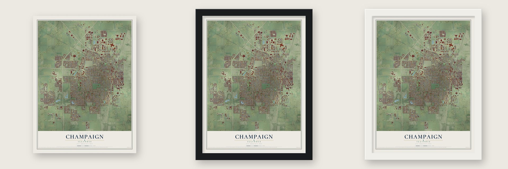 Champaign, Illinois map unframed, in a black wood frame and in a white wood frame