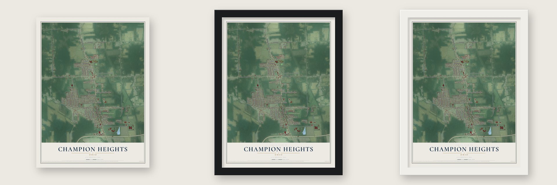 Champion Heights, Ohio map unframed, in a black wood frame and in a white wood frame