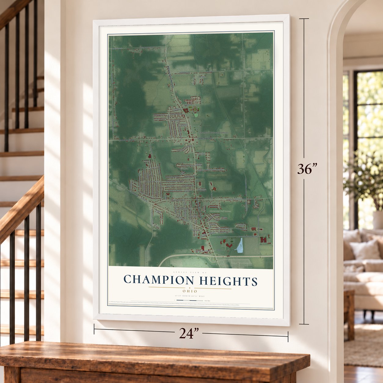 Champion Heights, Ohio map, 24 x 36 inch print in a white frame by a staircase