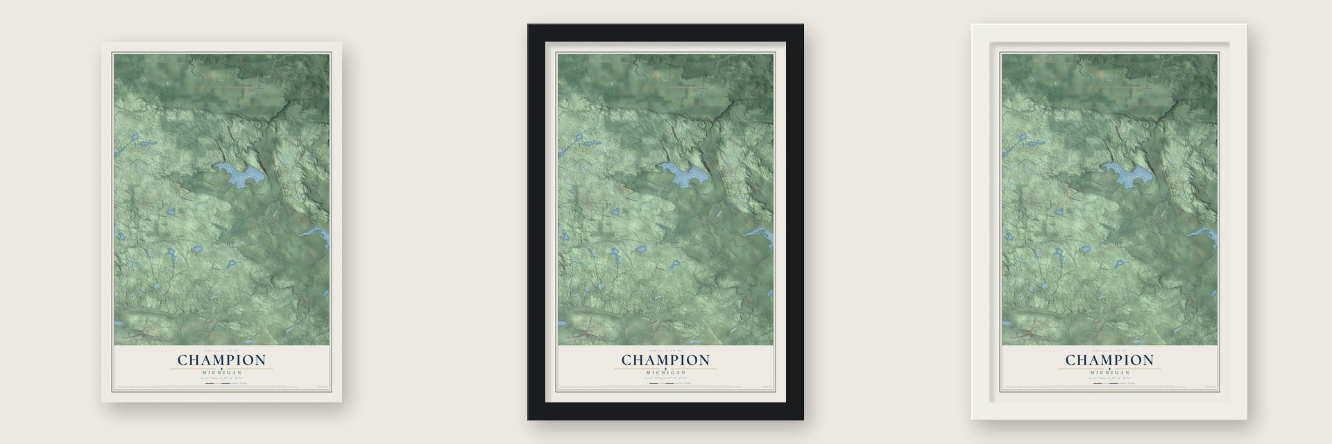 Champion, Michigan map unframed, in a black wood frame and in a white wood frame