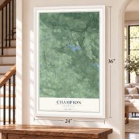 Champion, Michigan map, 24 x 36 inch print in a white frame by a staircase