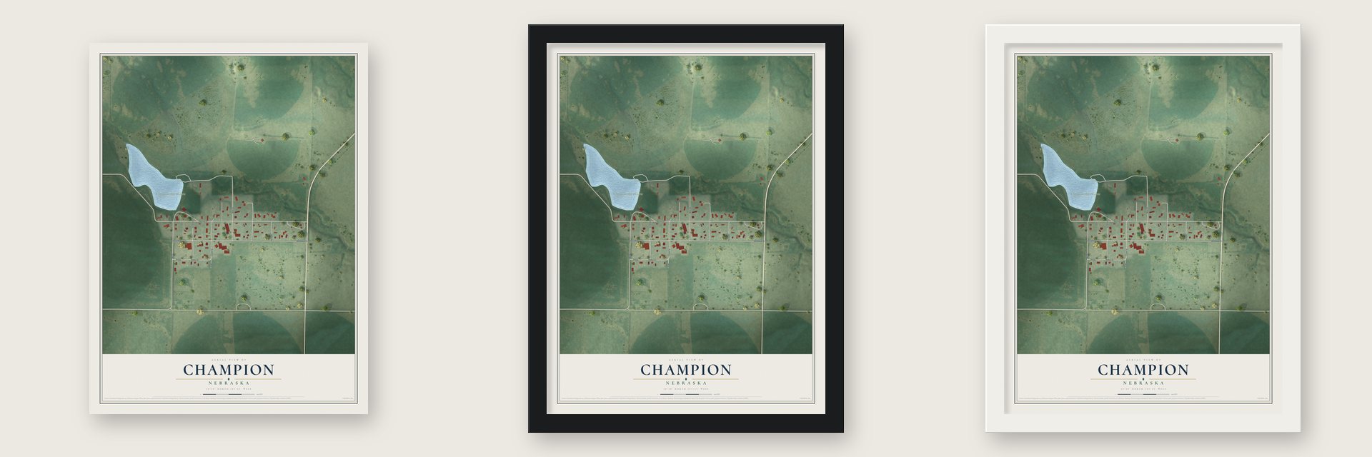 Champion, Nebraska map unframed, in a black wood frame and in a white wood frame