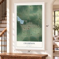Champion, Nebraska map, 24 x 36 inch print in a white frame by a staircase