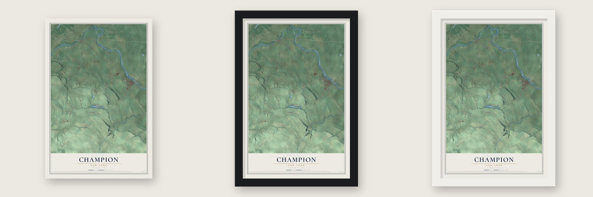 Champion, New York map unframed, in a black wood frame and in a white wood frame