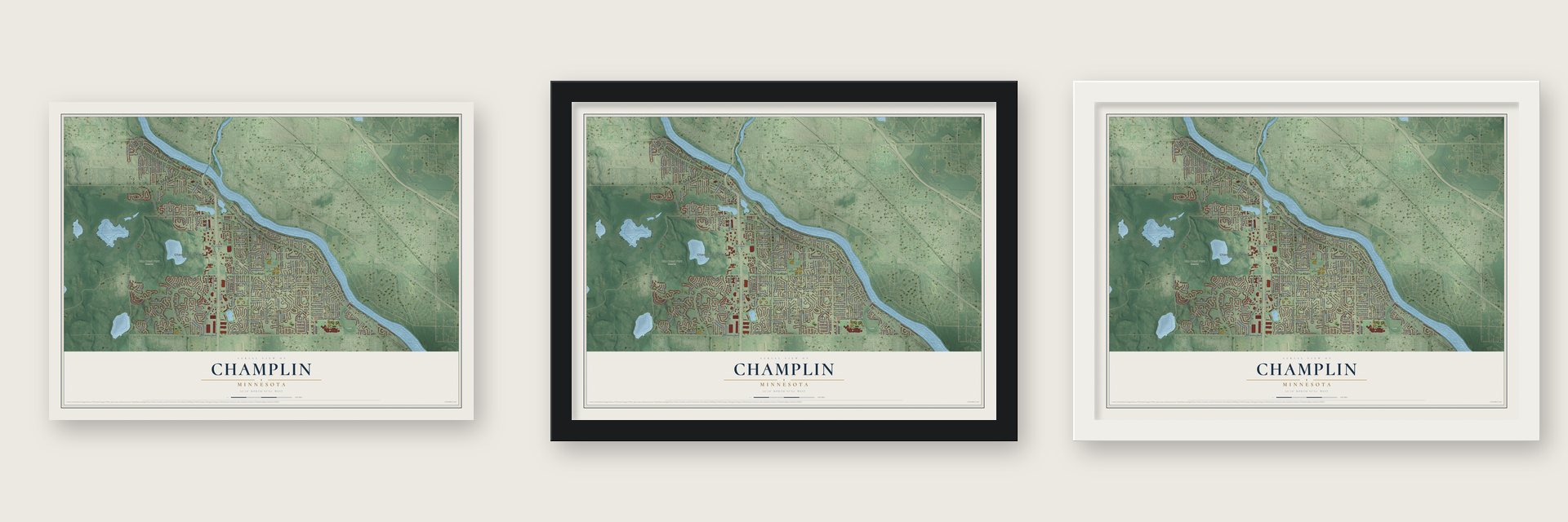 Champlin, Minnesota map unframed, in a black wood frame and in a white wood frame