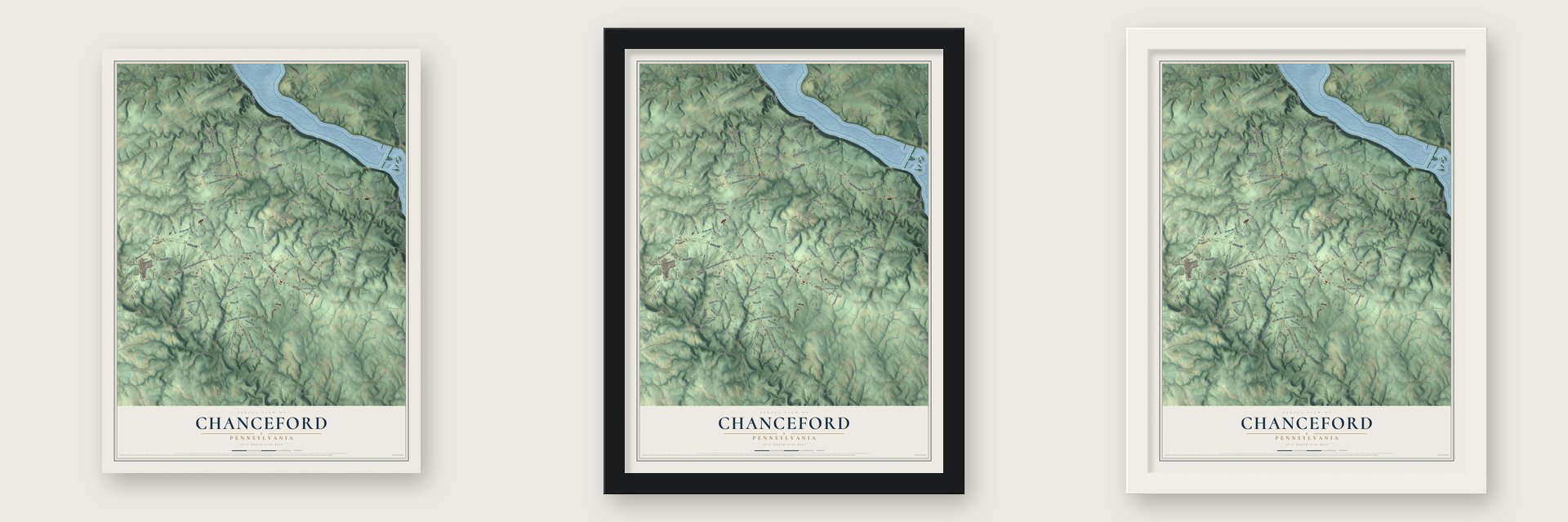 Chanceford, Pennsylvania map unframed, in a black wood frame and in a white wood frame