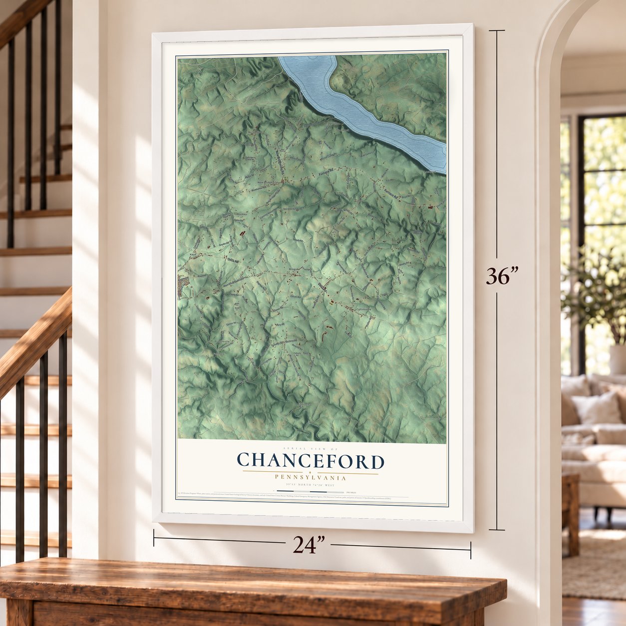 Chanceford, Pennsylvania map, 24 x 36 inch print in a white frame by a staircase