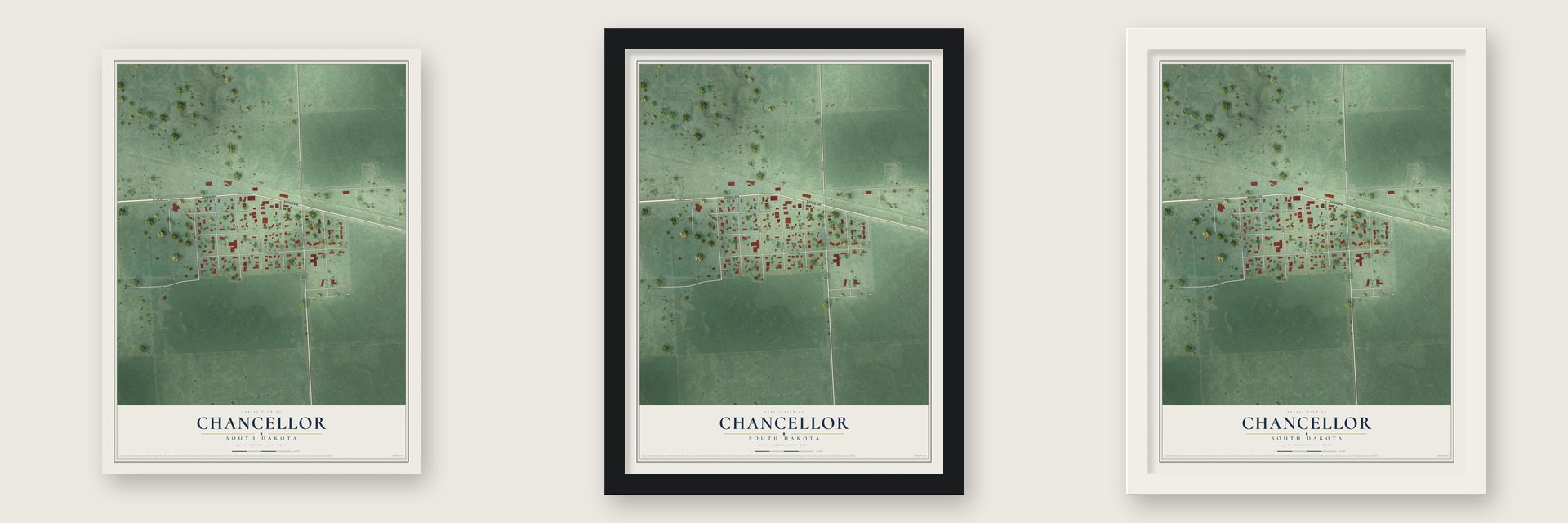 Chancellor, South Dakota map unframed, in a black wood frame and in a white wood frame