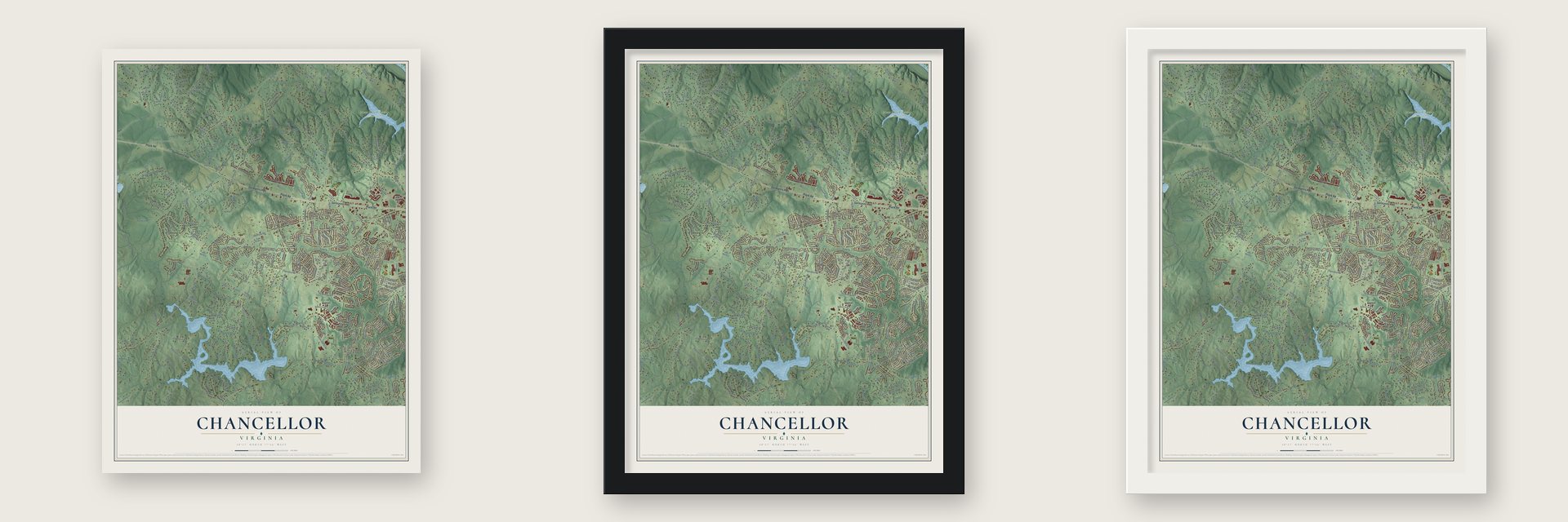 Chancellor, Virginia map unframed, in a black wood frame and in a white wood frame