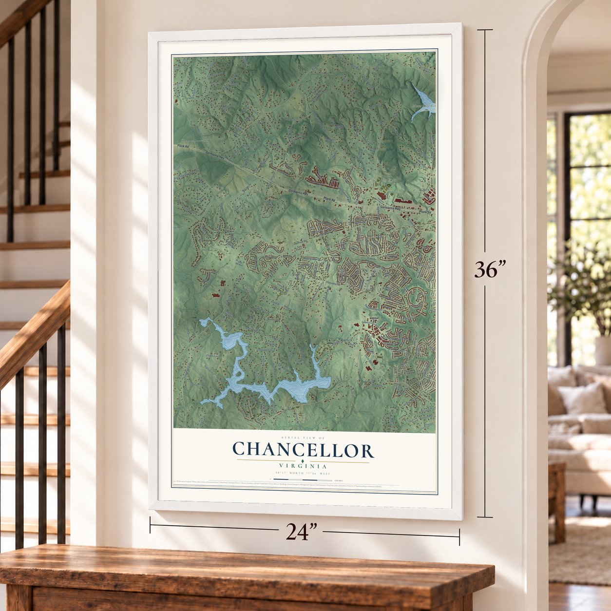 Chancellor, Virginia map, 24 x 36 inch print in a white frame by a staircase