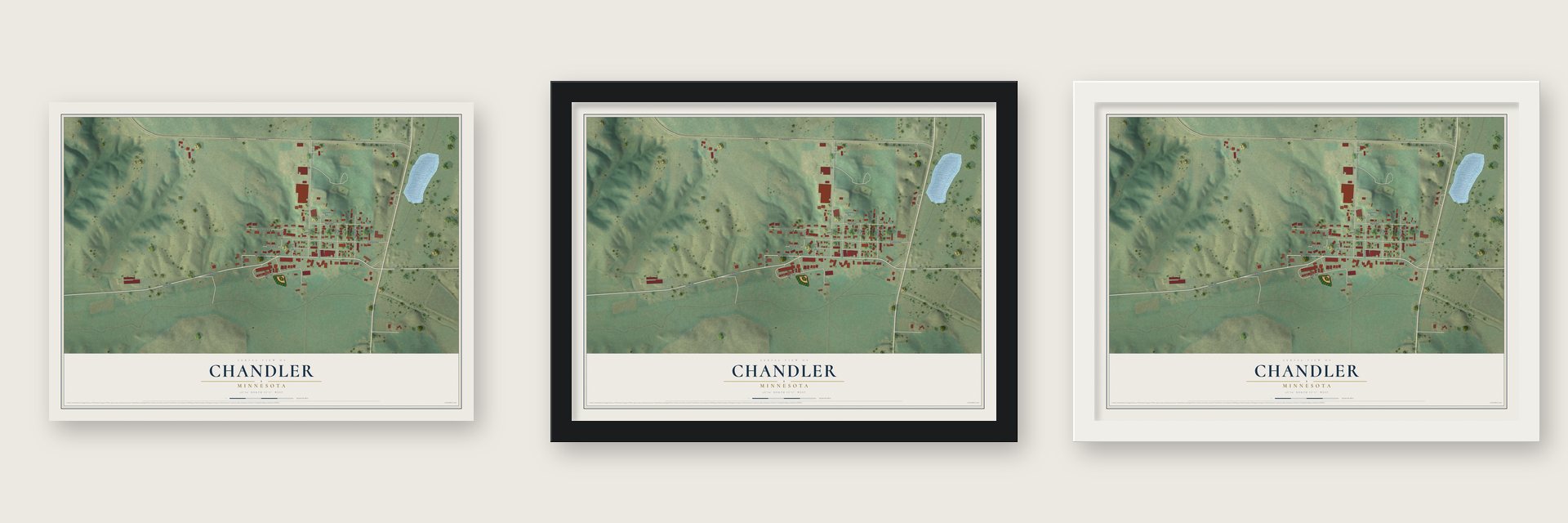 Chandler, Minnesota map unframed, in a black wood frame and in a white wood frame