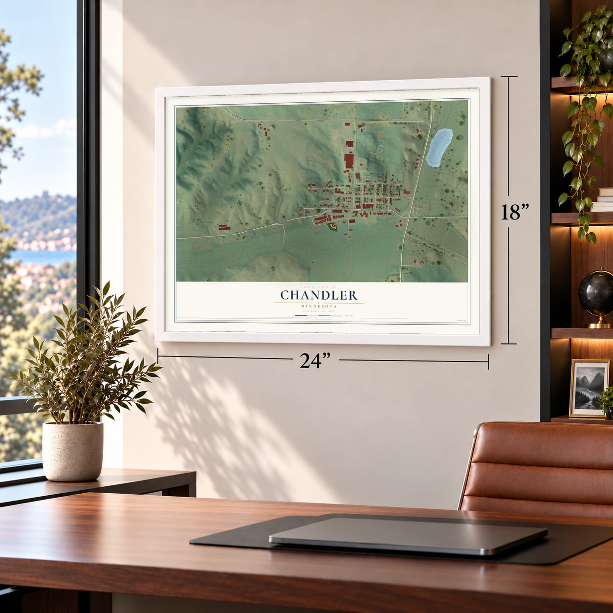 Chandler, Minnesota map, 18 x 24 inch print in a white frame in a home office