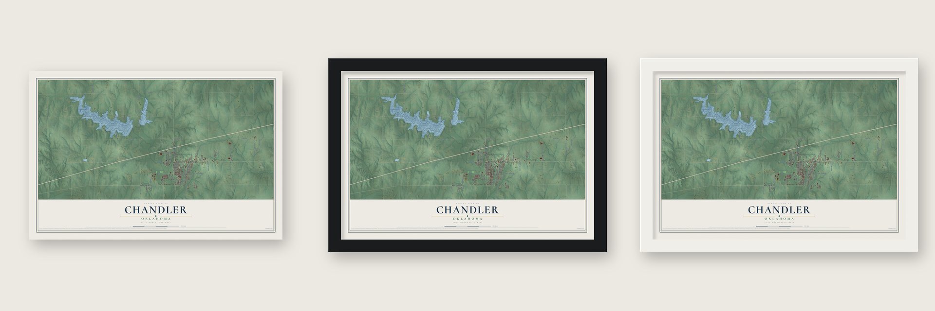 Chandler, Oklahoma map unframed, in a black wood frame and in a white wood frame