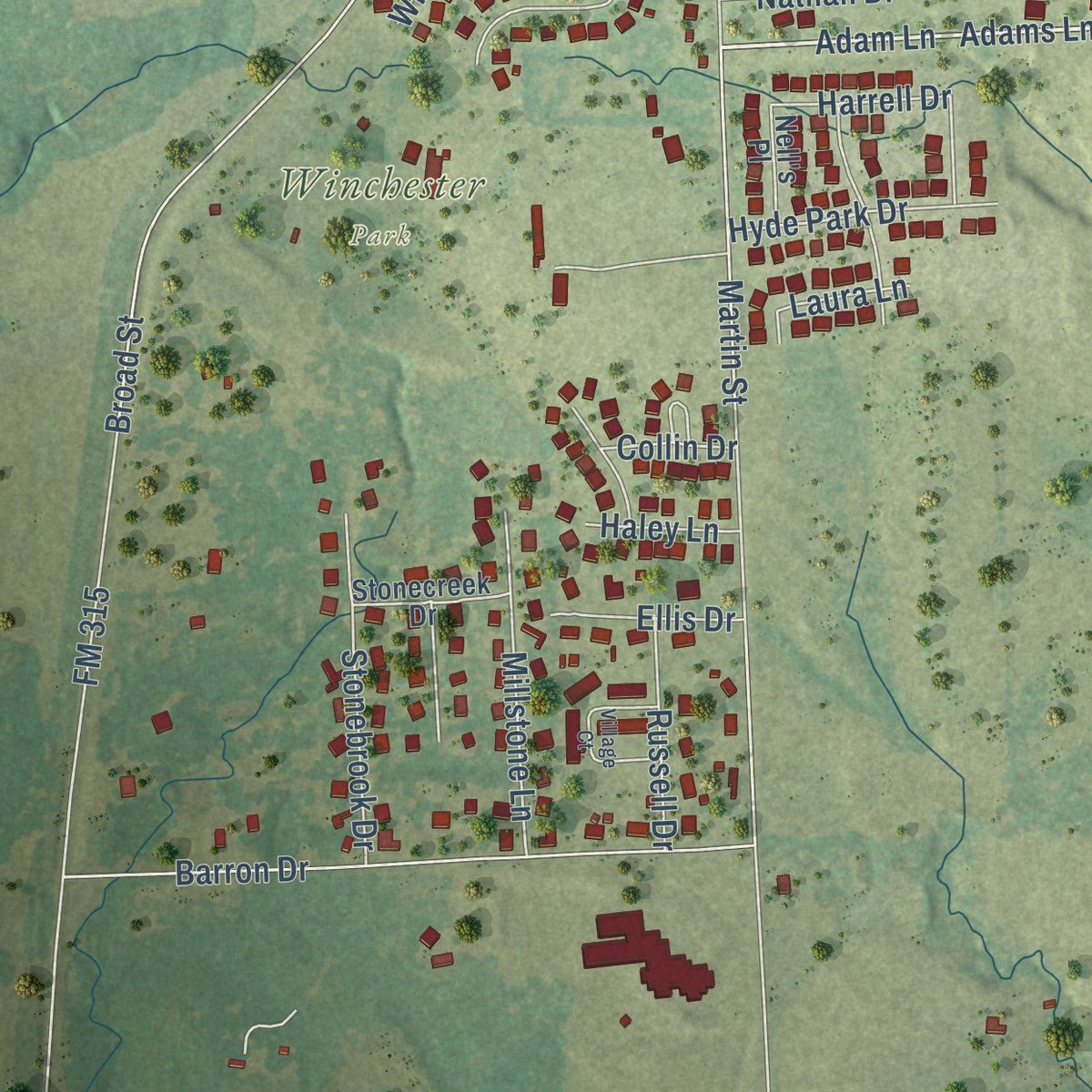 Second close-up of the map of Chandler, Texas print showing more streets and buildings