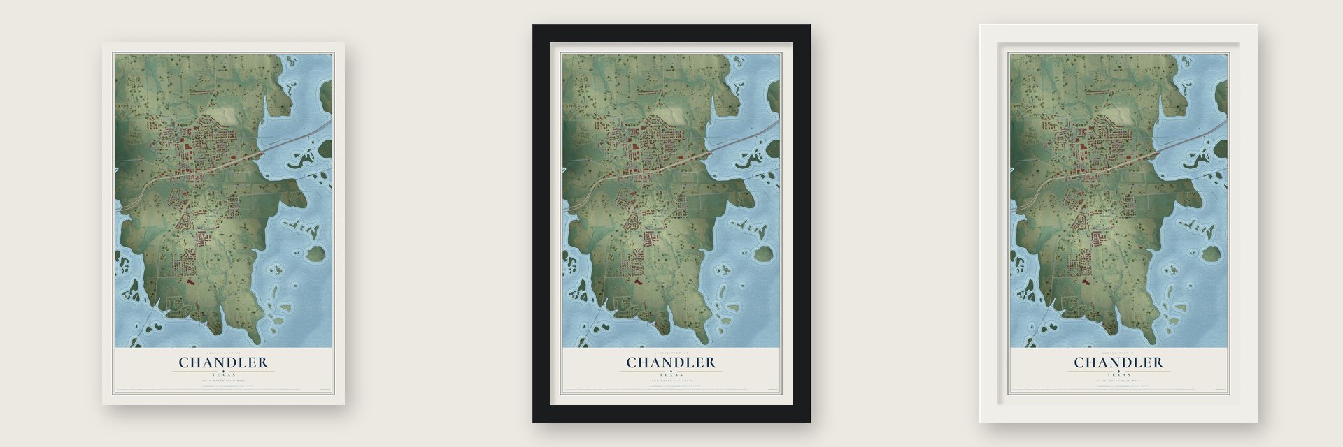 Chandler, Texas map unframed, in a black wood frame and in a white wood frame
